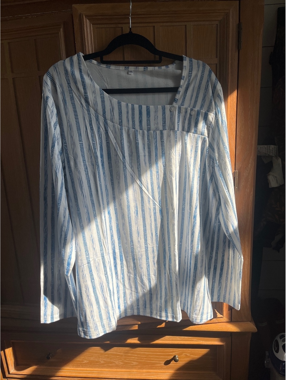 Plus Size 2XL Blue and White Striped Long Sleeve Blouse